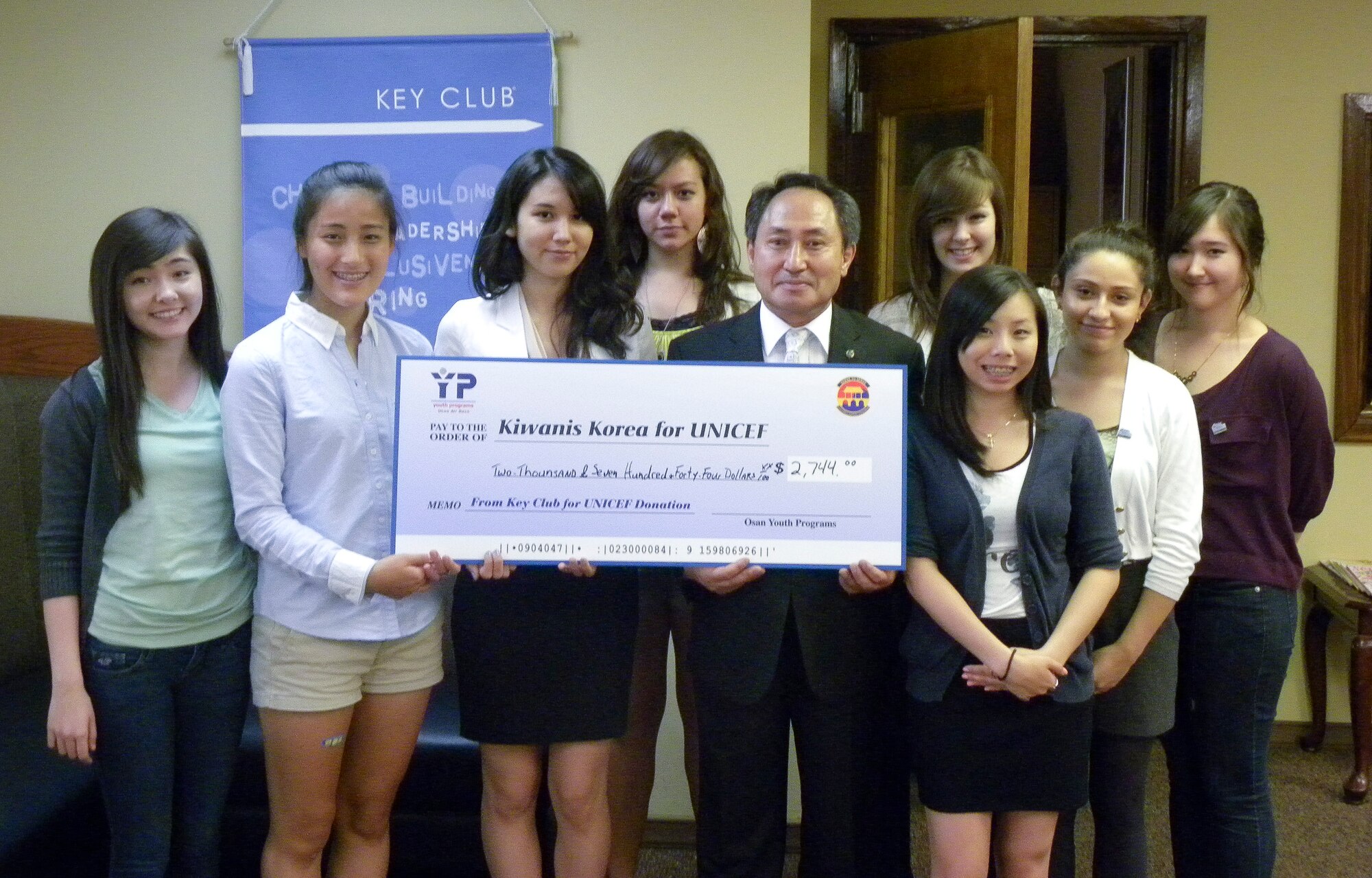 The Key Club from the Osan Teen Center poses for a picture June 4, 2012, after raising $2,700 for the United Nations Children’s Fund to eliminate tetanus in babies, which claims the lives of more than 22,000 children before they reach their fifth birthday. The Osan Teen Center works with teens from different bases in Korea who have a desire to do community service as small groups or individuals. The groups around base include The Keystone Club, The Pacific Air Forces Teen Council and the Key Club. (Courtesy photo)