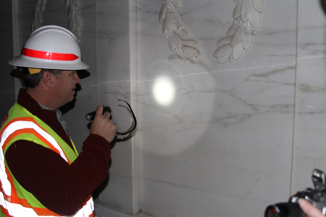 Experts gathered at the Tomb of Unknowns at Arlington National Cemetery Oct. 21, 2011 to inspect repairs made to cracks in the stone of the tomb. (U.S. Army photo/Kerry Solan)