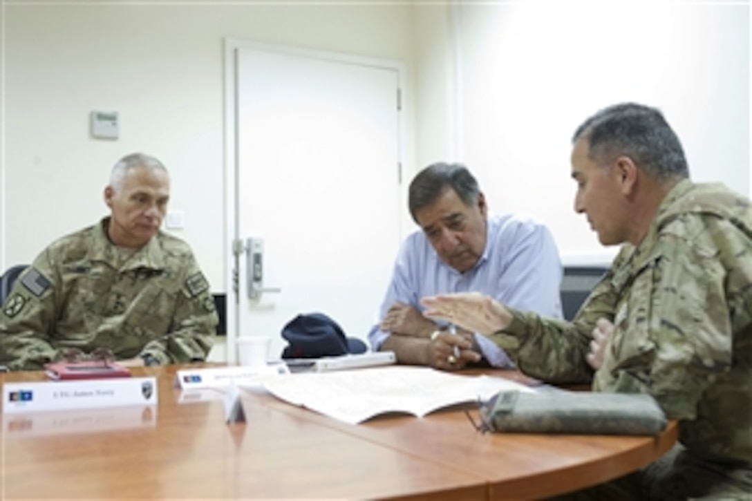 Secretary of Defense Leon E. Panetta is briefed by Commander, International Security Assistance Force Joint Command and Deputy Commander, U.S. Forces – Afghanistan Lt. Gen. Curtis Scaparotti (right) and Lt. Gen. James Terry in Kabul, Afghanistan, on June 7, 2012.  Panetta is in Kabul to meet with NATO and Afghan leaders and speak with troops on the ground.  Terry is the incoming commander, International Security Assistance Force Joint Command and deputy commander, U.S. Forces – Afghanistan.  