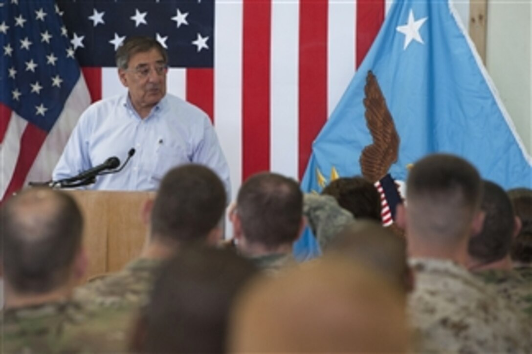 Secretary of Defense Leon E. Panetta speaks with troops assigned to the International Security Assistance Force joint command in Kabul, Afghanistan, on June 7, 2012.  Panetta is in Kabul to meet with NATO and Afghan leaders and speak with troops on the ground.  