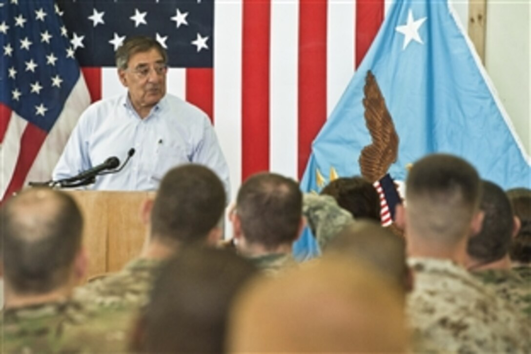 U.S. Defense Secretary Leon E. Panetta speaks with troops from ISAF Joint Command in Kabul, Afghanistan, June 7, 2012. 