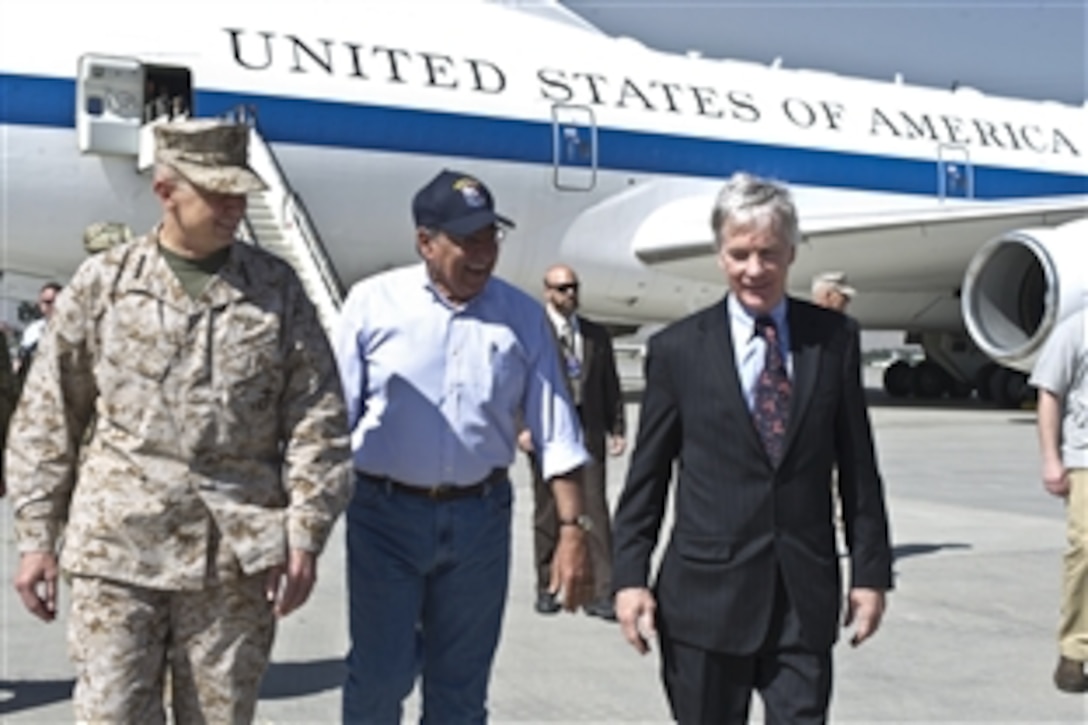 U.S. Defense Secretary Leon E. Panetta walks with U.S. Ambassador to Afghanistan Ryan C. Crocker and Marine Corps Gen. John R. Allen, commander of the NATO-led International Security Assistance Force, in Kabul, Afghanistan, June 7, 2012. Panetta visited Kabul to meet with NATO and Afghan leaders and to speak with troops on the ground. 