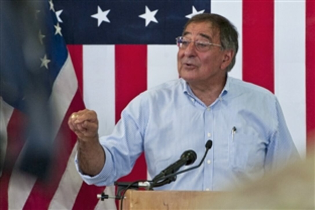 U.S. Defense Secretary Leon E. Panetta speaks with troops assigned to the International Security Assistance Force in Kabul, Afghanistan, June 7, 2012. 