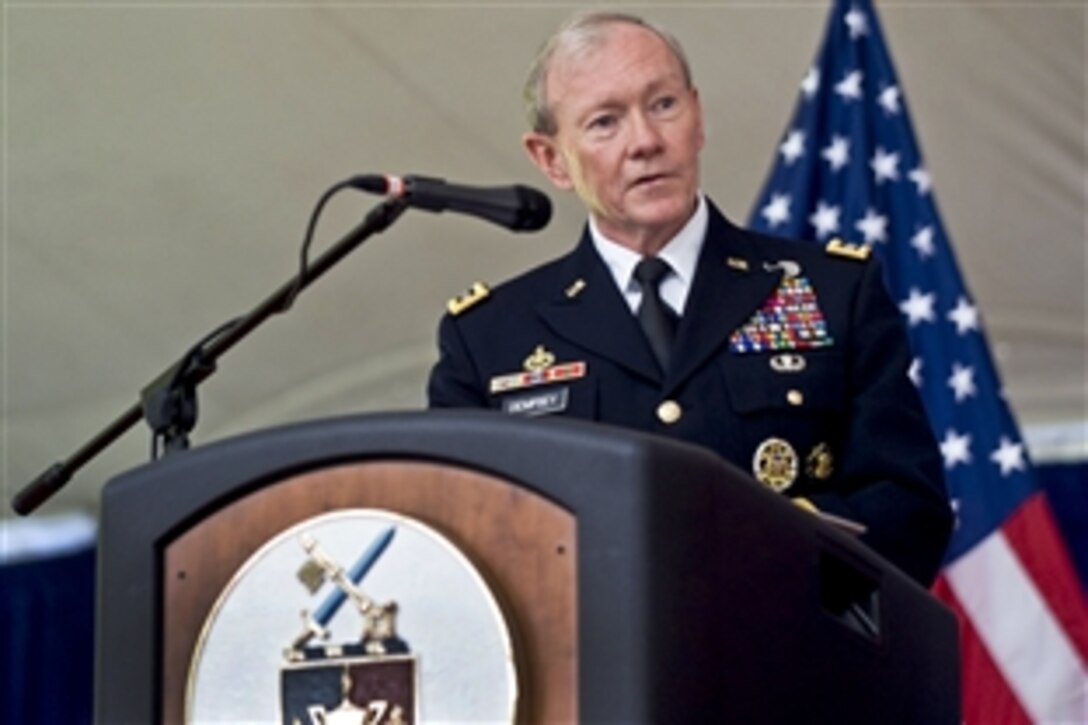 Army Gen. Martin E. Dempsey, chairman of the Joint Chiefs of Staff, delivers remarks as the keynote speaker at the National Defense University graduation on Fort McNair in Washington, D.C., 2012. Nearly 600 students from the university's College of International Affairs, Industrial College of the Armed Forces, the National War College and the Information Resources Management College received thier diplomas.
