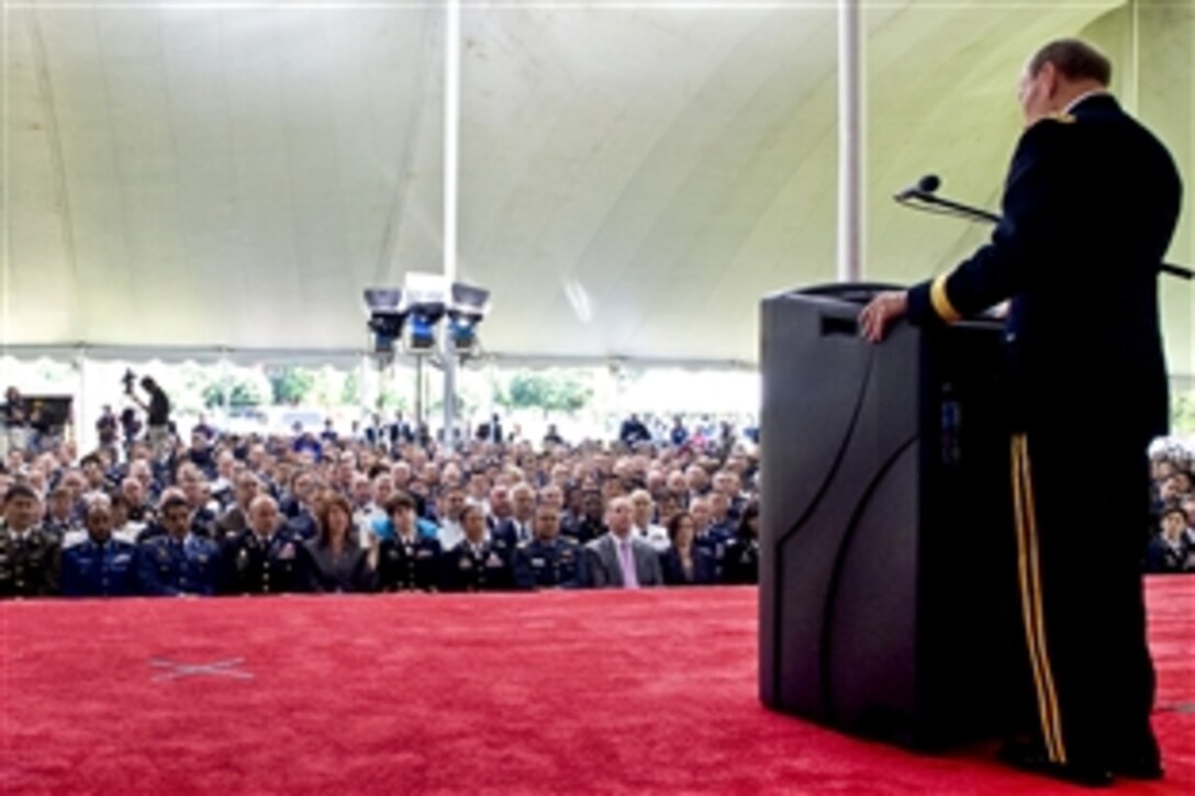 Army Gen. Martin E. Dempsey, chairman of the Joint Chiefs of Staff, delivers remarks as the keynote speaker at the National Defense University graduation on Fort McNair in Washington, D.C., 2012. Nearly 600 students from the university's College of International Affairs, Industrial College of the Armed Forces, the National War College and the Information Resources Management College received thier diplomas.