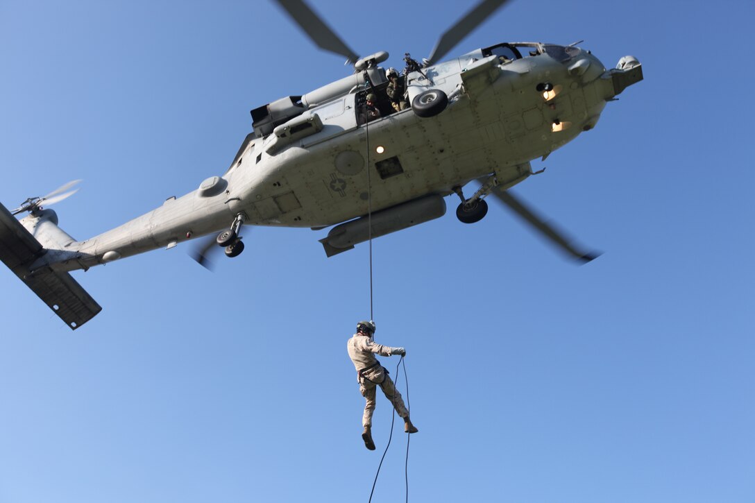 Marines with 3rd Marine Special Operations Battalion, U.S. Marine Corps Forces, Special Operations Command, conduct predeployment training in Savannah, Ga., May 23. During the training the Marines conducted helocasting drills. 