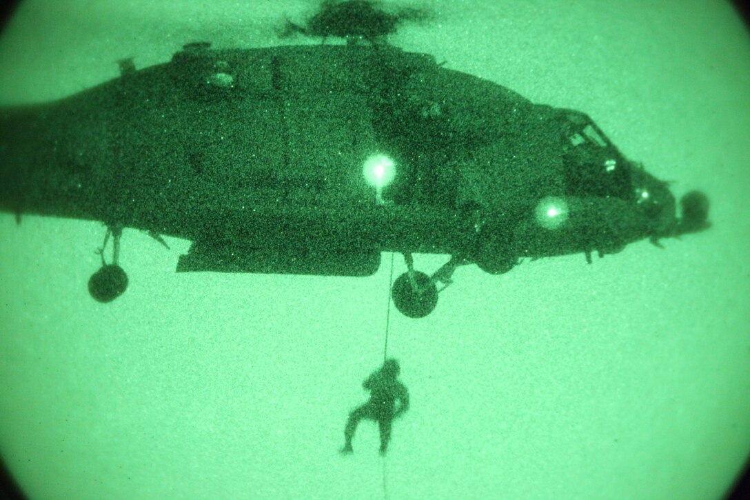 Marines with 3rd Marine Special Operations Battalion, U.S. Marine Corps Forces, Special Operations Command, conduct predeployment training in Savannah, Ga., May 23. During the training the Marines conducted helocasting drills. 