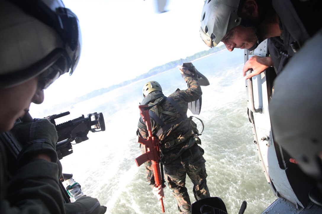 Marines with 3d Marine Special Operations Battalion, U.S. Marine Corps Forces, Special Operations Command, conduct predeployment training in Savannah, Ga., May 23. During the training the Marines conducted helocasting drills.