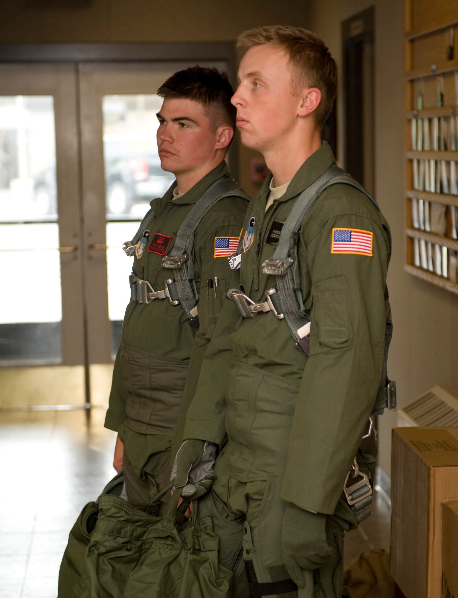Cadets Aaron M. Hall (right) and Chris E. McBride, third year Air Force Academy students, attend a pre-flight briefing, June 5, 2012, at Mountain Home Air Force Base, Idaho. Both Hall and McBride are deciding on a career field that they would like to take once they graduate from the Academy. (U.S. Air Force photo/Airman 1st Class Jonathan Glanville)