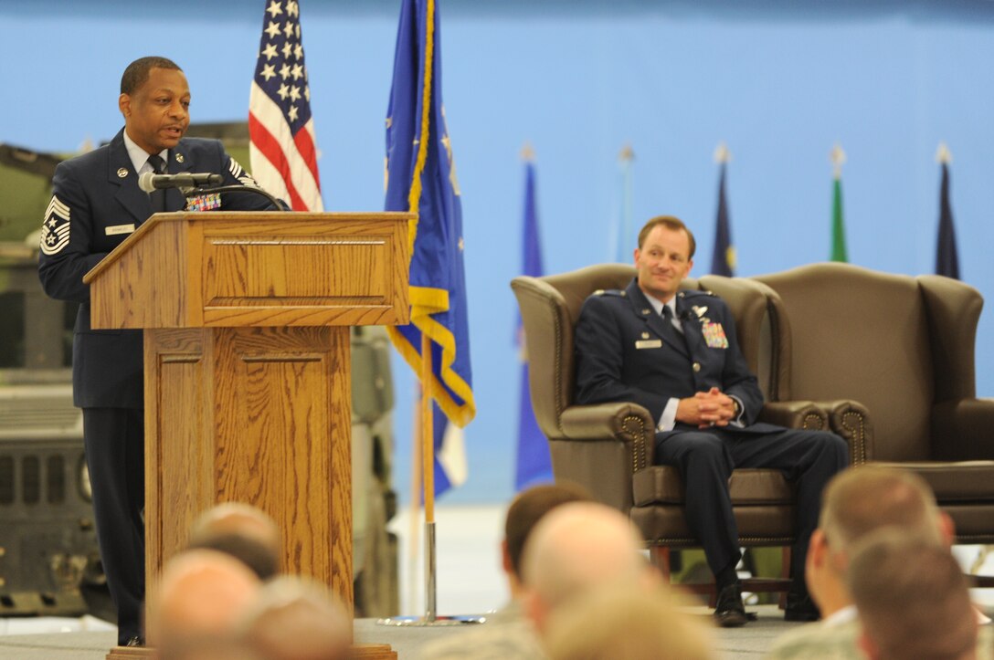 Chief Master Sgt. Anthony Brinkley, 11th Wing/Joint Base Andrews command chief, delivers his remarks during his retirement ceremony June 8, 2012. Brinkley served more than 28 years in the Air Force, many of which were as a First Sergeant.  (U.S. Air Force Photo by Staff Sgt. Torey Griffith)