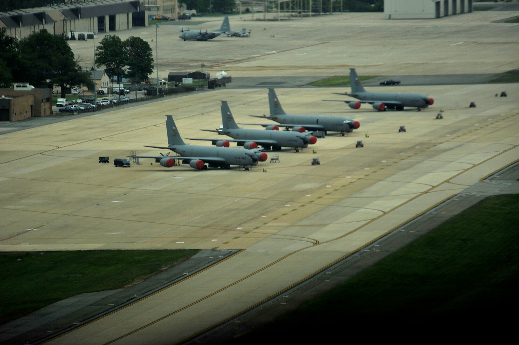 Four KC-135 Stratotankers from the 459th Air Refueling Wing at Joint Base Andrews, Md., sit on the flightline days before they fly to Alpena, Mich., for the wing’s Operational Readiness Inspection.  ORIs evaluate and measure the ability of units to perform their wartime, contingency, or force sustainment missions and must be conducted every four years. (U.S. Air Force photo/ Master Sgt. Jeremy Lock)
