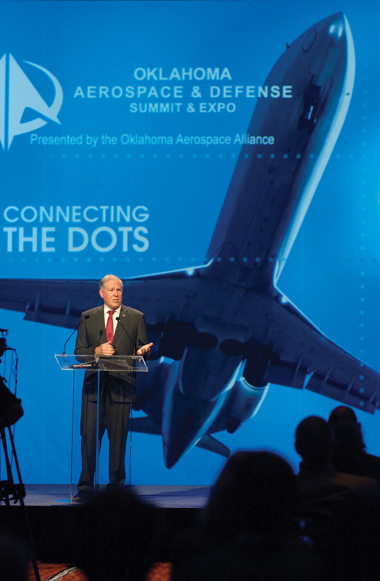 The Under Secretary of Defense for Acquisition, Technology and Logistics, Frank Kendall, was the keynote speaker at the Oklahoma Aerospace Summit in Norman on Tuesday. The annual event brings together civilian and defense aerospace enterprises from across the region. Mr. Kendall spoke on the reality of fiscal constraints facing, not only the DOD, but the nation, and the need to be more efficient and effective with available resources.  (Air Force photo by Margo Wright)