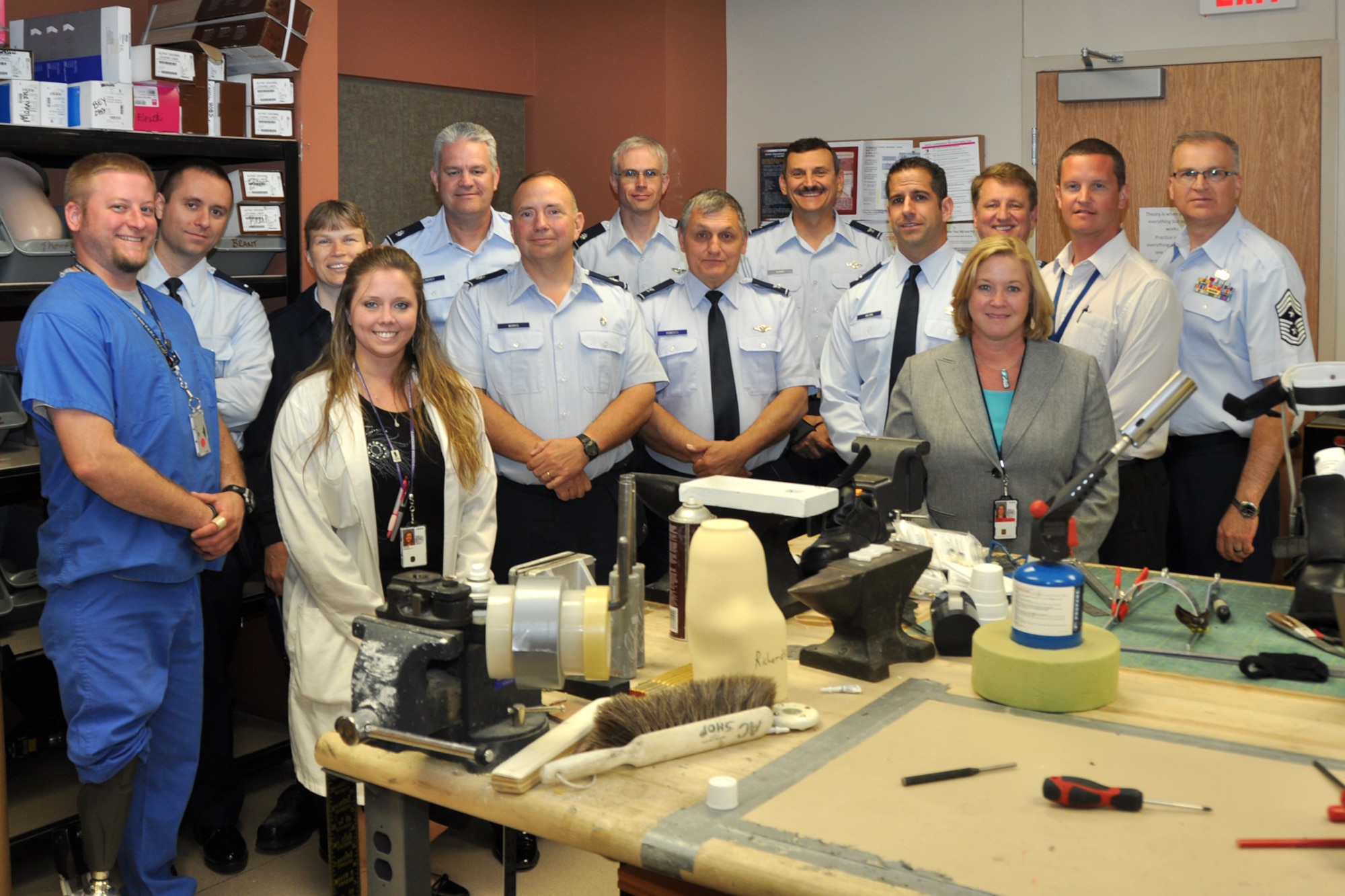 LOUIS STOKES CLEVELAND VA MEDICAL CENTER, Ohio – Youngtown Air Reserve Station leadership and medical personnel pose for a photo with personnel from the Louis Stokes Cleveland VA Medical Center June 4, 2012. The Cleveland VA is a multi-specialty outpatient clinic and vet center that includes specialized programs such as blind rehabilitation, polytrauma care, invasive cardiology, post-traumatic stress disorders, comprehensive cancer center and several other areas of expertise. (U.S. Air Force photo by Staff Sgt. Megan Tomkins)