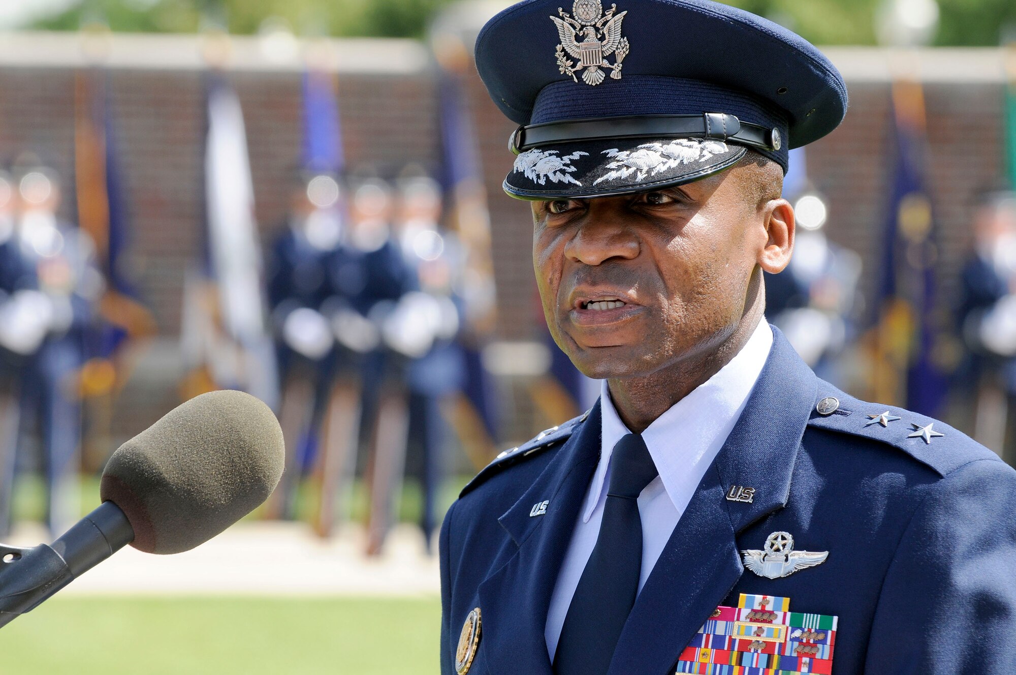 Air Force District of Washington Commander Maj. Gen. Darren McDew speaks during the Joint Base Anacostia-Bolling Air Force Element change of command June 6 at JBAB, Washington, D.C. During the ceremony Col. Michael Saunders assumed command from outgoing commander Col. Roy-Alan Agustin.  (U.S. Air Force photo by Senior Airman Steele C. G. Britton)