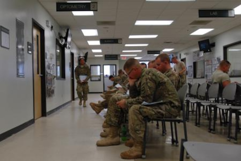 Soldiers of the 200th Engineer Company, South Dakota National Guard, wait to be seen my medical providers at the Joint Readiness Center here. The unit returned to U.S. soil, May 2, after a year-long deployment to Afghanistan. As a multi-role bridging unit, the 200th had a mission to maintain, repair and replace existing military bridges throughout Afghanistan. (U.S. Army courtesy photo/Released)