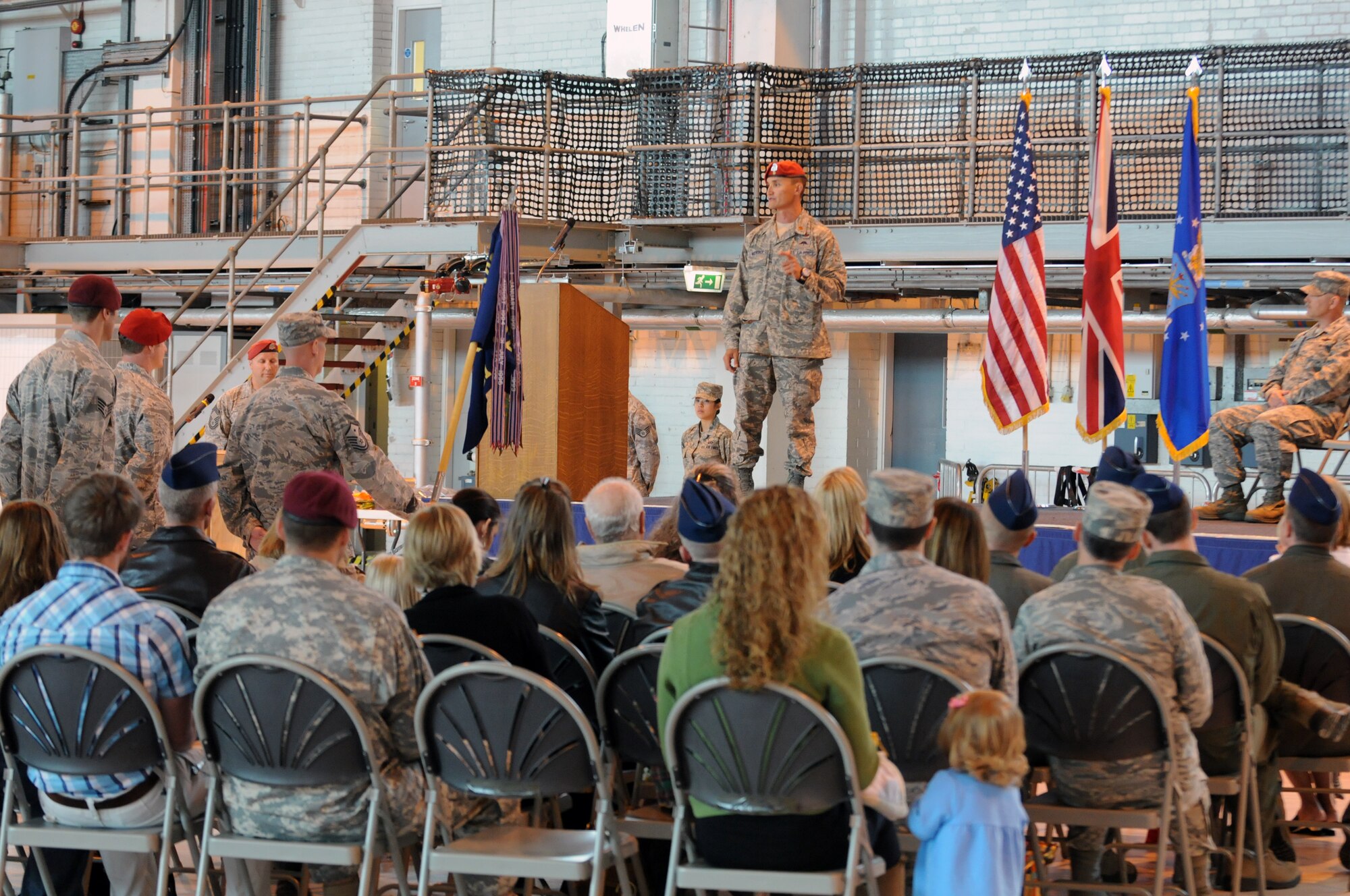 Maj. Travis Woodworth, 321st Special Tactics Squadron commander, speaks to his new unit at his change-of-command ceremony at RAF Mildenhall June 8, 2012. Woodworth is a prior-enlisted combat controller and a decorated combat veteran. (U.S. Air Force photo/Master Sgt. Kevin Wallace)