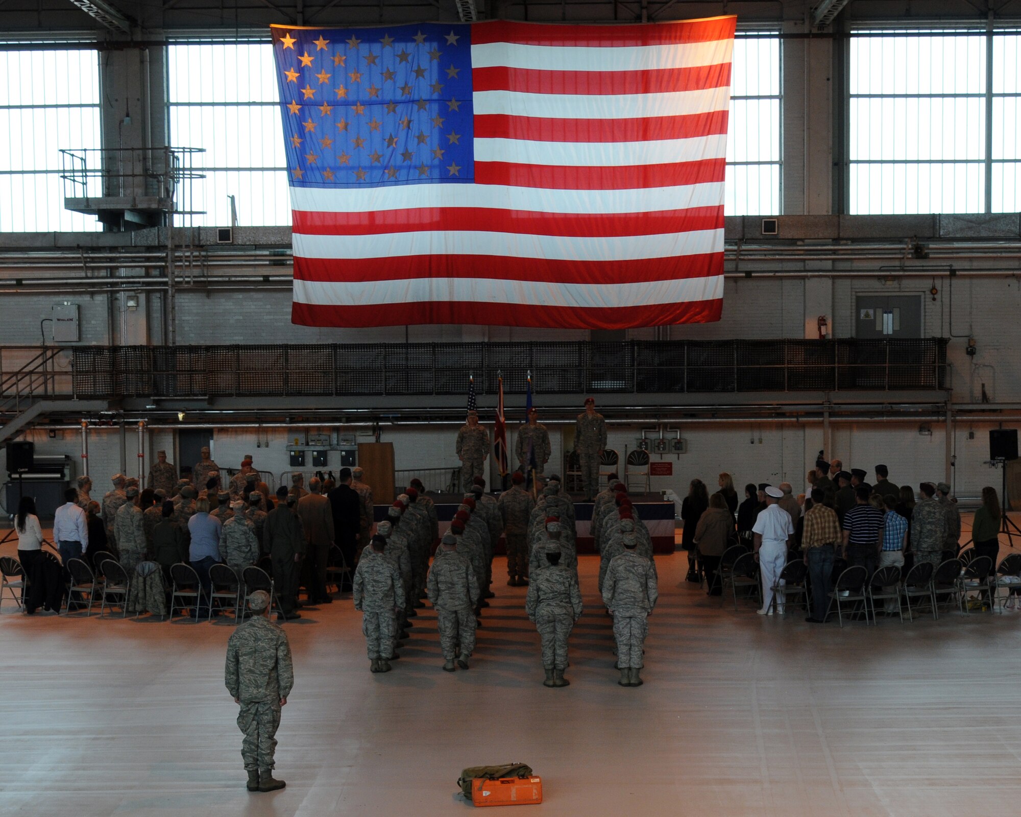 A formation of special operations Airmen prepare for the arrival of the official party at the 321st Special Tactics Squadron change-of-command ceremony at RAF Mildenhall June 8, 2012.  Maj. Travis Woodworth assumed command from Lt. Col. Jason Daniels. (U.S. Air Force photo/Master Sgt. Kevin Wallace)