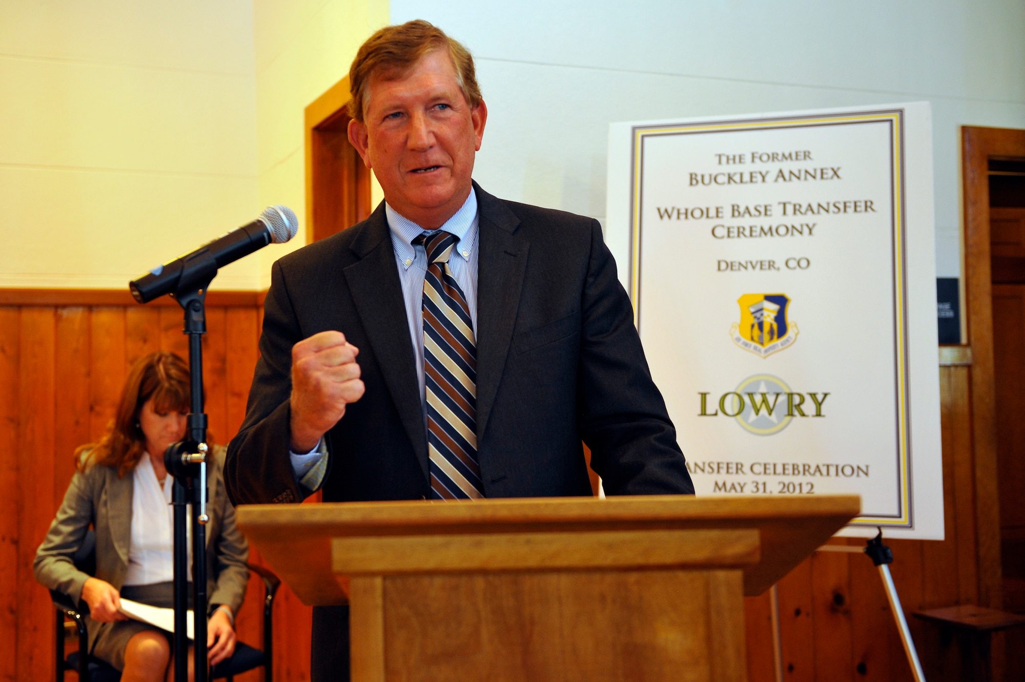 Terry Yonkers, the Air Force Installations, Environment and Logistics assistant secretary, speaks at a transfer celebration marking the final turn-over of the last 70 acres of the former Lowry Air Force Base to the city of Denver on May 31, 2012. Marked for closure during the 1991 Defense Base Realignment and Closure Commission, the former base is now a sustainable, mixed-use community. (U.S. Air Force photo/Staff Sgt. Kathrine McDowell)