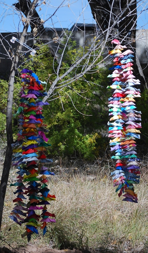 These colorful origami fish were hung in front of the Rio Grande Nature Center during the Middle Rio Grande Endangered Species Collaborative Program’s 10th anniversary celebration. The nature center provides opportunities for people to learn about the Rio Grande Bosque’s riparian forest ecosystem.  
