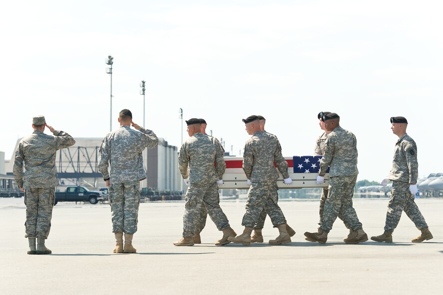 A U.S. Army carry team transfers the remains of Army Pfc. Brandon D. Goodine, of Luthersville, Ga., at Dover Air Force Base, Del., June 9, 2012. Goodine was assigned to the 4th Squadron, 73rd Cavalry Regiment, 4th Brigade Combat Team, 82nd Airborne Division, Fort Bragg, N.C. (U.S. Air Force photo/Roland Balik)