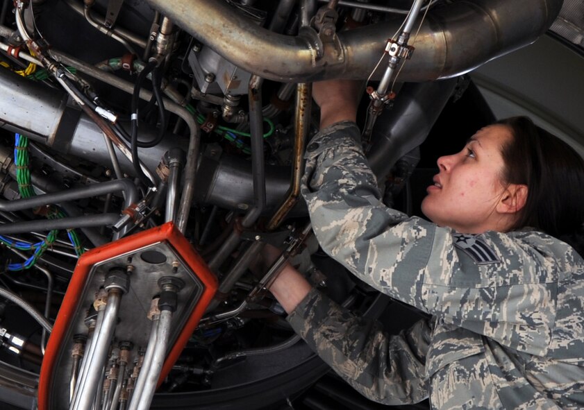 120606-F-MC921-003:  Senior Airman Genevieve Ramsey, an aerospace propulsion journeyman from the 15th Aircraft Maintenance Squadron at Joint Base Pearl Harbor-Hickam, Hawaii, performs maintenance on an engine of a C-17 Globemaster III aircraft from the 535th Airlift Squadron deployed to Joint Base Elmendorf-Richardson, Alaska, as part of RED FLAG-Alaska June 8. RED FLAG-Alaska is one of the largest international air-combat employment exercises in the world and is designed to test the specific capabilities of the military units that take part in the exercise and increase their chance of survival during actual combat. (U.S. Air Force photo by Capt. Ben Sakrisson)
