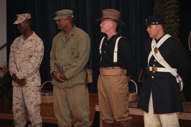 Marines in era-appropriate attire bring history alive during a National Museum of the Marine Corps educational outreach program at the John A. Polonye Community Center in Brook Park, Ohio, June 11. The program, part of Marine Week Cleveland June 11-17, also featured a puppet show and Chesty, the NMMC mascot. The program is scheduled to run daily at other recreation centers in the Cleveland community June 12-15 as part of Marine Week Cleveland.