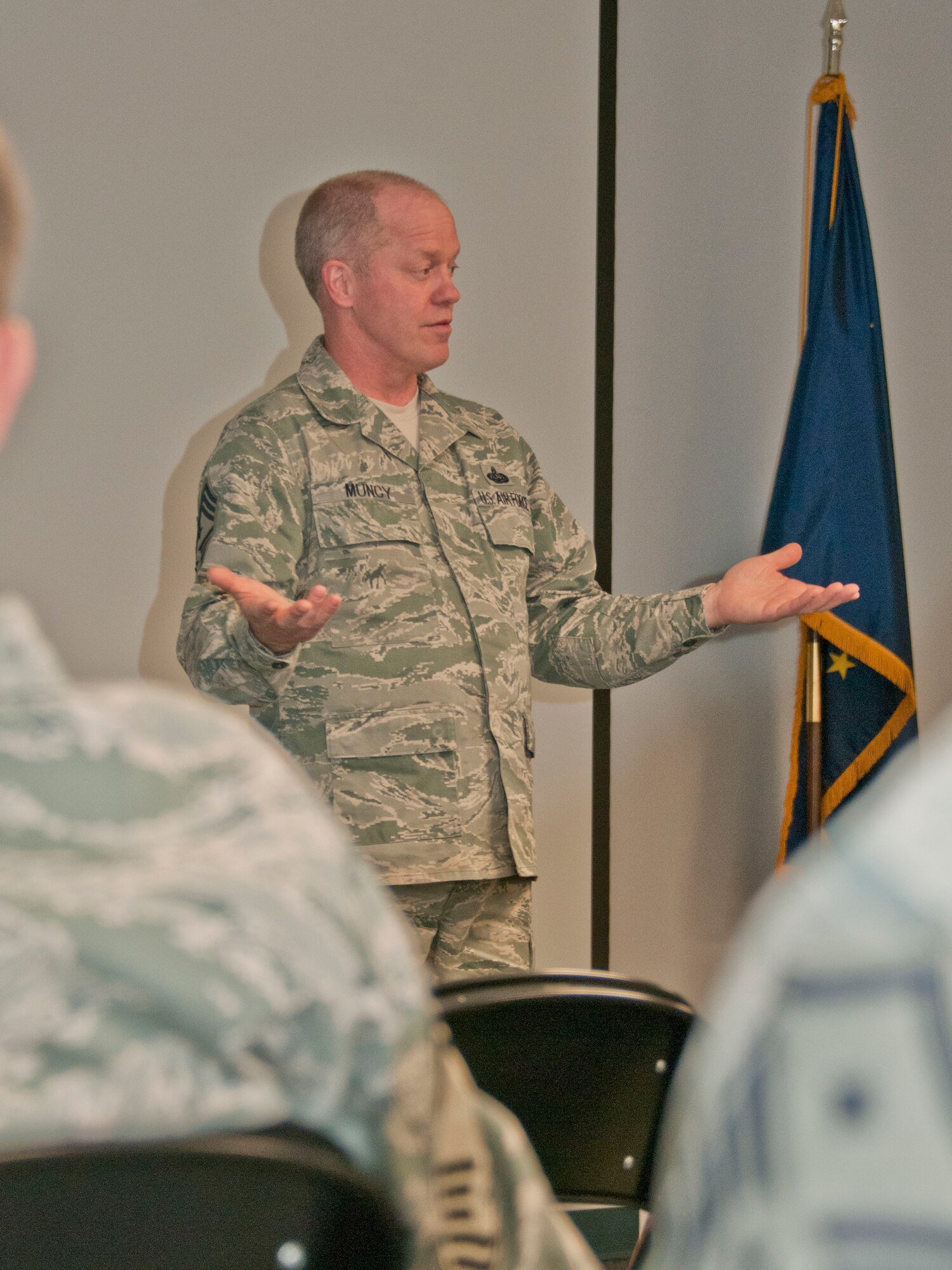 JOINT BASE ELMENDORF-RICHARDSON -- Chief Master Sgt. Chris Muncy, the command chief of the Air National Guard,  speaks with the 176 Wing's cheifs and first sergeant here June 10. He visited the guardsmen during his routine visits to Air Guard bases across the nation. National Guard photo by Staff Sgt N. Alicia Goldberger