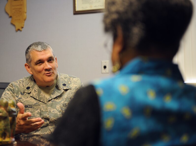 Chaplain (Lt. Col.) Robert O'Dell conducts a counseling session on Barksdale Air Force Base, La., June 11. The 2nd Bomb Wing base chaplains provide a number of services for Team Barksdale members. These include religious services, counseling sessions, religious education and morale events. (U.S. Air Force photo/Airman 1st Class Benjamin Gonsier)(RELEASED)
