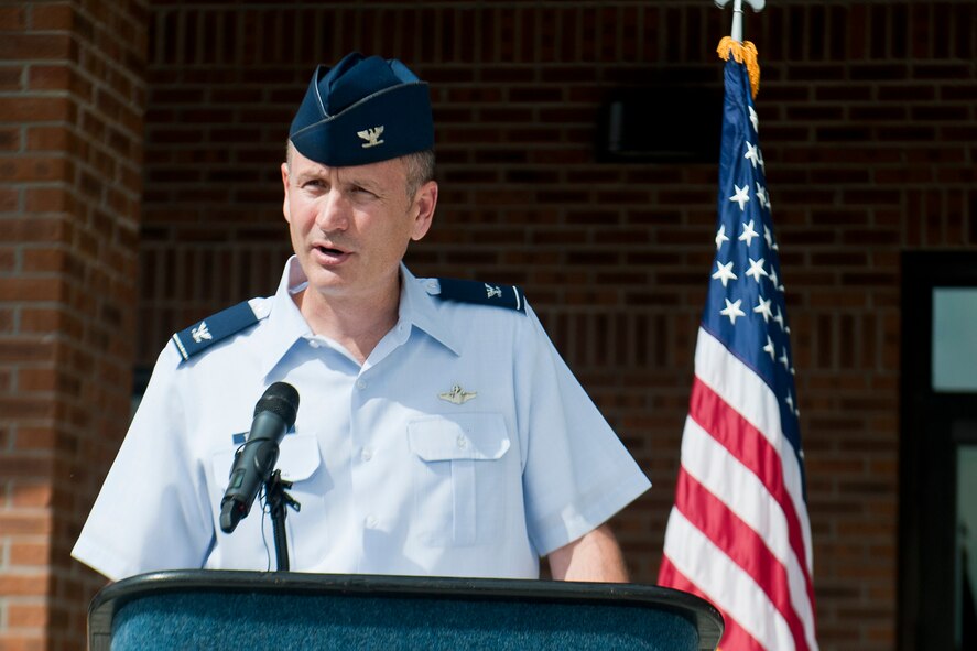 U.S. Air Force Col. Billy Thompson, 23d Wing commander, gives remarks during a ribbon-cutting ceremony for the new 93d Air Ground Operations Wing and 23d Mission Support Group headquarters building June 11, 2012, at Moody Air Force Base, Ga. The building has been in the works for two years and cost $10.2 million. The facility also has a Leadership in Energy and Environmental Design rating of Silver, certifying it is environmentally responsible and is a healthy place to live and work. (U.S. Air Force photo by Staff Sgt. Jamal D. Sutter/Released)