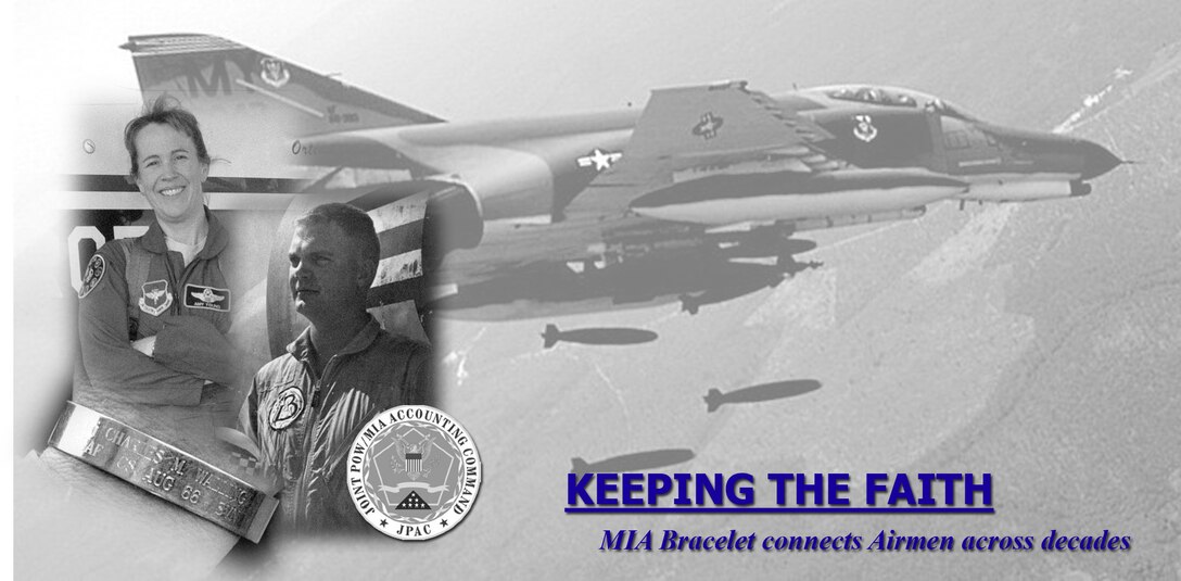 Twenty-two years ago, Air Force Academy cadet Amy Santmyer, now Lt. Col. Amy Young decided she would wear an MIA bracelet honoring Lt. Col. Charles Walling, an F-4C Phantom pilot who was shot down Aug. 8, 1966, during a close air support mission in the Dong Nai province northeast of Saigon, Vietnam. On June 15, she will lead a missing man fly-over for his funeral in Arlington National Cemetery. (U.S. Air Force Illustration/ George Woodward)
