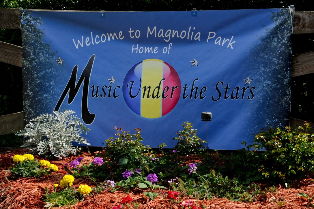 A sign welcomes music lovers to the U.S. Army Training and Doctrine Command Band's “Music Under the Stars” concert series opener at Ft. Eustis' Magnolia Park, June 7, 2012. The band will perform every Thursday night at Magnolia Park through the end of August. (U.S. Air Force photo by Senior Airman Wesley Farnsworth/Released)