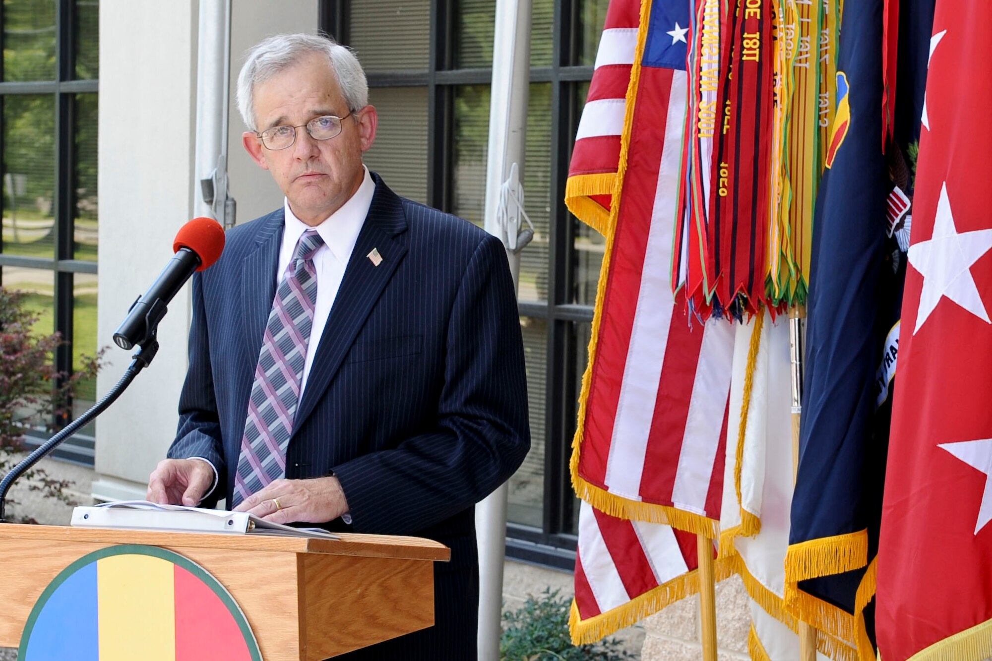 Michael Starry, U.S. Army Training and Doctrine Command deputy director of concepts development and leadership, shares remarks with the audience at the Building 661 rededication ceremony at Ft. Eustis, Va., June 8, 2012. The command dedicated the building to Michael's father, the late Gen. Donn Starry, a famed commanding general of TRADOC credited with revolutionizing the Army in the post-Vietnam era. (U.S. Air Force photo by Senior Airman Wesley Farnsworth/Released)