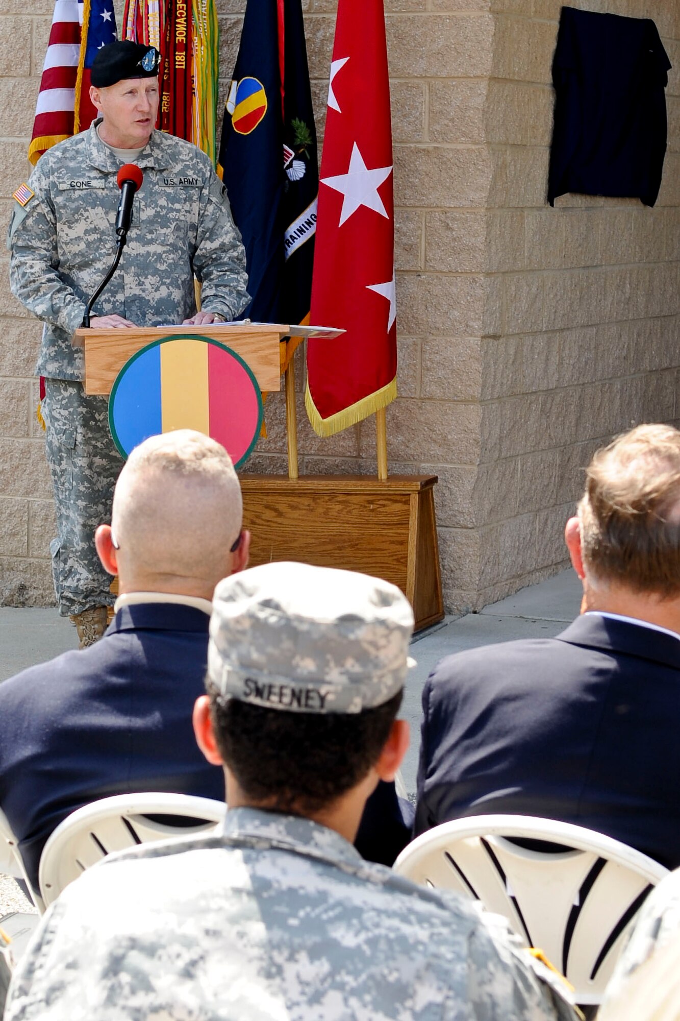 U.S. Army Gen. Robert W. Cone, commanding general of the U.S. Army Training and Doctrine Command, shares remarks with the audience at the Building 661 rededication ceremony at Ft. Eustis, Va., June 8, 2012. The building was renamed “Starry Hall” in honor of the late Gen. Donn Starry, a famed commanding general of TRADOC credited with revolutionizing the Army in the post-Vietnam era. (U.S. Air Force photo by Senior Airman Wesley Farnsworth/Released)