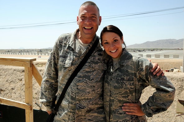 Technical Sgt. Douglass Narduzzi, a maintenance operations controller assigned to the 451st Expeditionary Maintenance Group and his daughter Airman 1st Class Lauren Narduzzi, an aircrew flight equipment technician assigned to the 157th Expeditionary Fighter Squadron at Kandahar Airfield Afghanistan, pose for a photo 12 May, 2012. Personnel are deployed from McEntire Joint National Guard Base, S.C., in support of Operation Enduring Freedom. Swamp Fox F-16's, pilots, and support personnel began their Air Expeditionary Force deployment early April to take over flying missions for the air tasking order and provide close air support for troops on the ground in Afghanistan.
(U.S. Air Force photo/TSgt. Caycee Cook)
