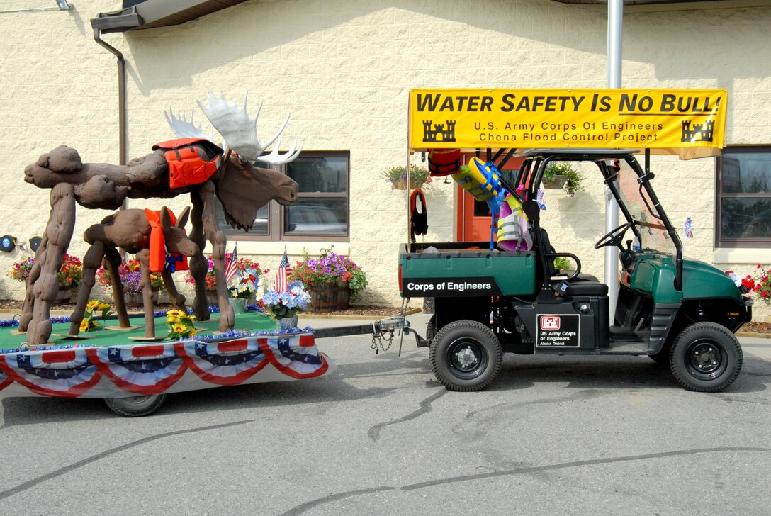 The Alaska District emphasizes safety in all its programs and projects. The Chena Flood Control Project near Fairbanks prepared this water safety float for the community’s annual parade.
