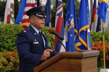 Lt. Col. Christopher Dun, outgoing 15th Medical Support Squadron commander, gives a speech during the 15th MDSS Change of Command ceremony June 12 at Joint Base Pearl Harbor-Hickam, Hawaii. The 15th MDSS was constituted on August 25, 1994 and activated on September 15, 1994. (U.S. Air Force photo by Ed Foster)