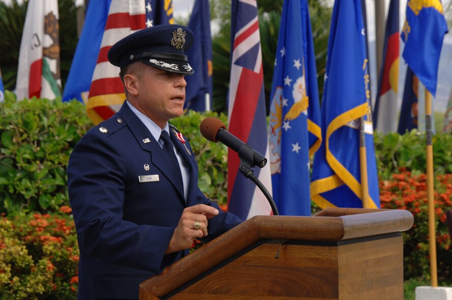 Lt. Col. Christopher Dun, outgoing 15th Medical Support Squadron commander, gives a speech during the 15th MDSS Change of Command ceremony June 12 at Joint Base Pearl Harbor-Hickam, Hawaii. The 15th MDSS was constituted on August 25, 1994 and activated on September 15, 1994. (U.S. Air Force photo by Ed Foster)