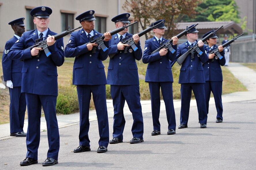 The Osan Honor Guard Firing Party fire a three volley salute during the
Capt. James A. Van Fleet Jr. monument unveiling here June 12, 2012. U.S. and
Republic of Korea air force leaders gathered in front of the Officers' Club to honor
the memorial dedicated to the Airmen who died or were injured during the
Korean War. (U.S. Air Force photo/Staff Sgt. Craig Cisek)
