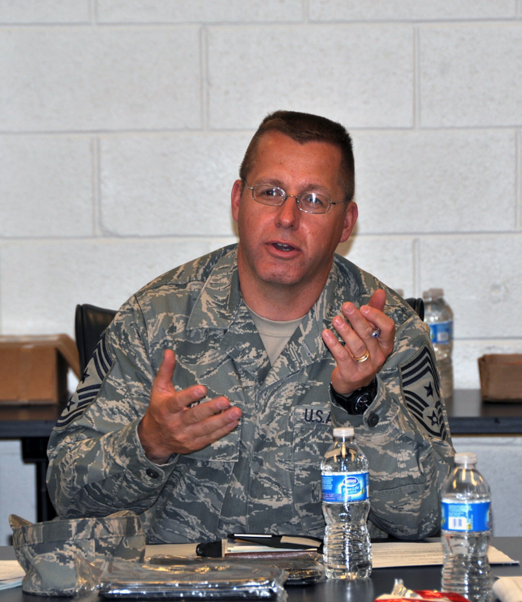 Chief Master Sgt. Steven M. Larwood, 22nd Air Force command chief, visits the 94th Airlift Wing first sergeant’s council meeting to discuss upcoming changes to the first sergeant corps on June 1. Expected changes include a drastic rewrite of the Air Force Instruction concerning the first sergeant’s position and the first sergeants’ role in helping their Airmen deal with coming changes within the Air Force. (U.S. Air Force photo/Senior Airman Elizabeth Gaston)