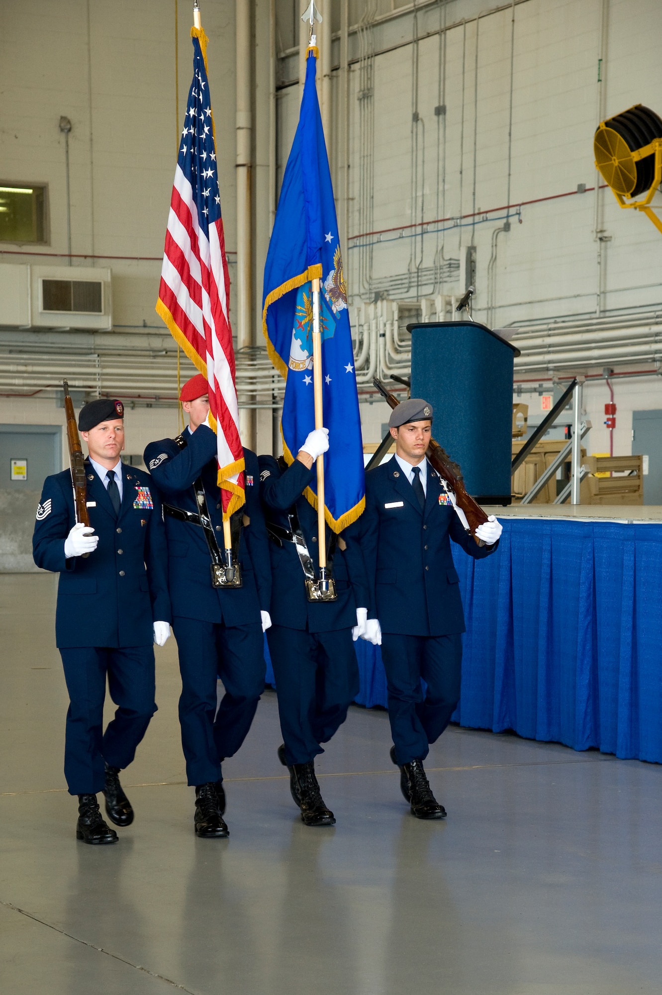 Special tactics service members present the colors during the 720th Special Tactics Group change of command and the 24th Special Operations Wing?s activation at Freedom Hangar on Hurlburt Field, Fla., June 12, 2012. Col. Robert Armfield assumed command of the newly created 24th SOW and passed command of the 720th STG to Col. Kurt Buller. (U.S. Air Force photo/Airman 1st Class Michelle Vickers)
