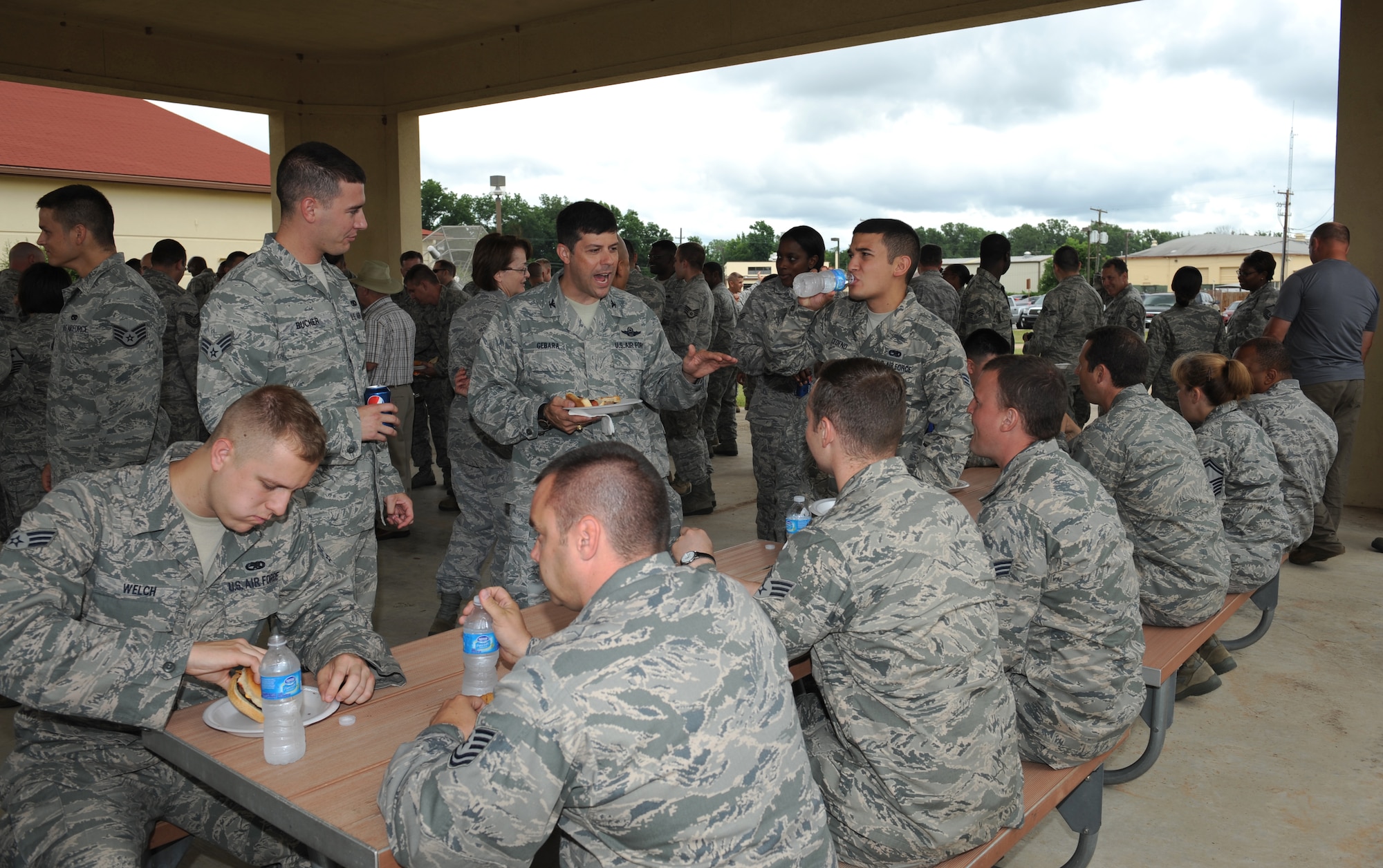Col. Andrew Gebara, 2nd Bomb Wing commander, speaks with Airman Leadership School class 12-4 students during the ALS Open House on Barksdale Air Force Base, La., June 12. The Open House is an opportunity for commanders, superintendents, first sergeants and supervisors to visit and speak with their Airmen at the midway point of their ALS curriculum. (U.S. Air Force photo/Airman 1st Class Benjamin Gonsier)(RELEASED)