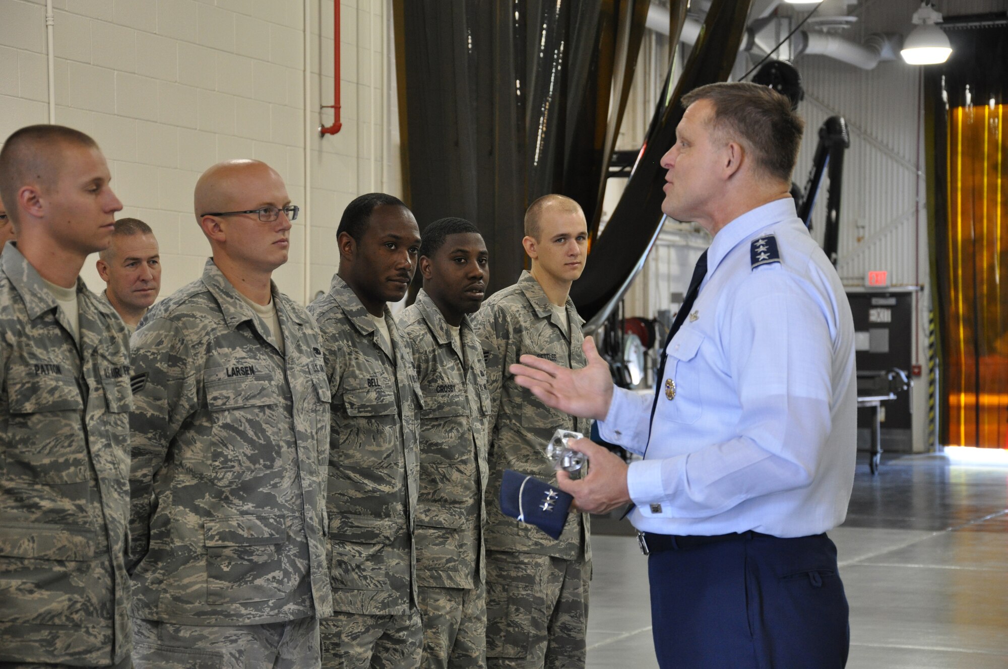 WRIGHT-PATTERSON AIR FORCE BASE, Ohio - Lt. Gen. Frank Gorenc, Assistant Vice Chief of Staff and Director, Air Staff, Headquarters U.S. Air Force addresses  Airmen of the 445th Maintenance Squadron during a visit to the 445th Airlift Wing June 7. (U.S. Air Force photo/Stacy Vaughn)