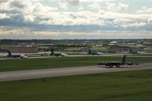 MINOT AIR FORCE BASE, N.D. -- Five B-52H Stratofortresses taxi down the runway during a 17-ship rapid launch exercise here June 11. Exercises like these are integral to maintaining mission readiness. (U.S. Air Force photo/Senior Airman Brittany Y. Auld)