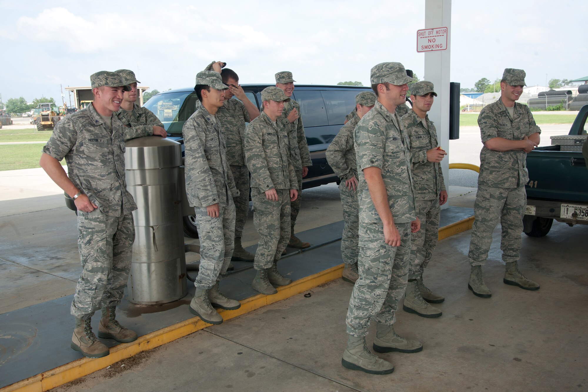 U.S. Air Force Academy cadets gather and listen to instructions at Valdosta Public Works in Valdosta, Ga., June 5, 2012, as part of a community interaction day. During the first day of their nearly three-week visit to Moody Air Force Base, Ga., the cadets toured Valdosta and Lowndes County to become more familiar with Moody’s local community. (U.S. Air Force photo by Airman 1st Class Paul Francis/Released)
