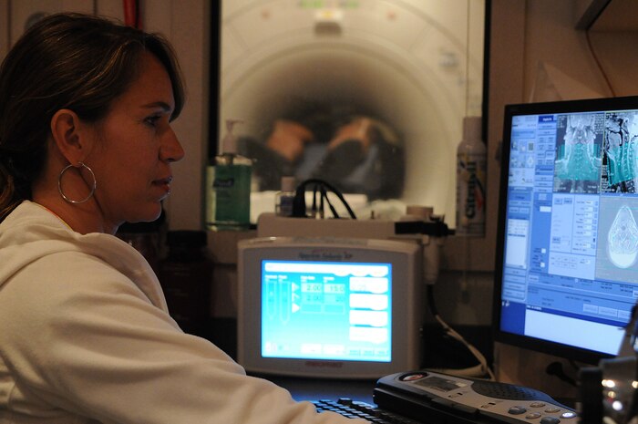 Magnetic Resonance Imaging Technologist Dana Litchfield, a Charleston native, observes John L. Jackson’s cervical spine, the neck and throat area, through a computer program ensuring all images are clear and patient did not move while the imaging was taking place. The MRI technicians receive more than 70 requests for an MRI on a weekly basis. (U.S. Navy photo/Petty Officer 1st Class Jennifer Hudson)
