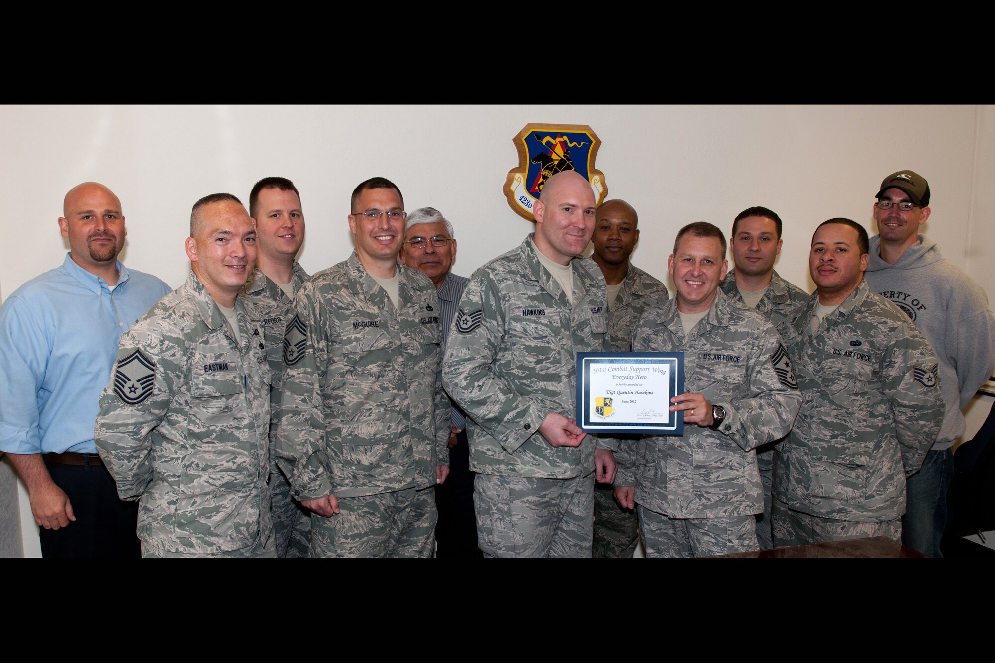 RAF ALCONBURY, United Kingdom - Tech. Sgt. Quentin Hawkins, 423rd Communications Squadron, was named the June 501st Everyday Hero from the 423rd Air Base Group. Hawkins identified the need to replace an inadequate ventilation system, which was unable to effectively cool a $85 million technical control facility. (U.S. Air Force photo by Master Sgt. John Barton)