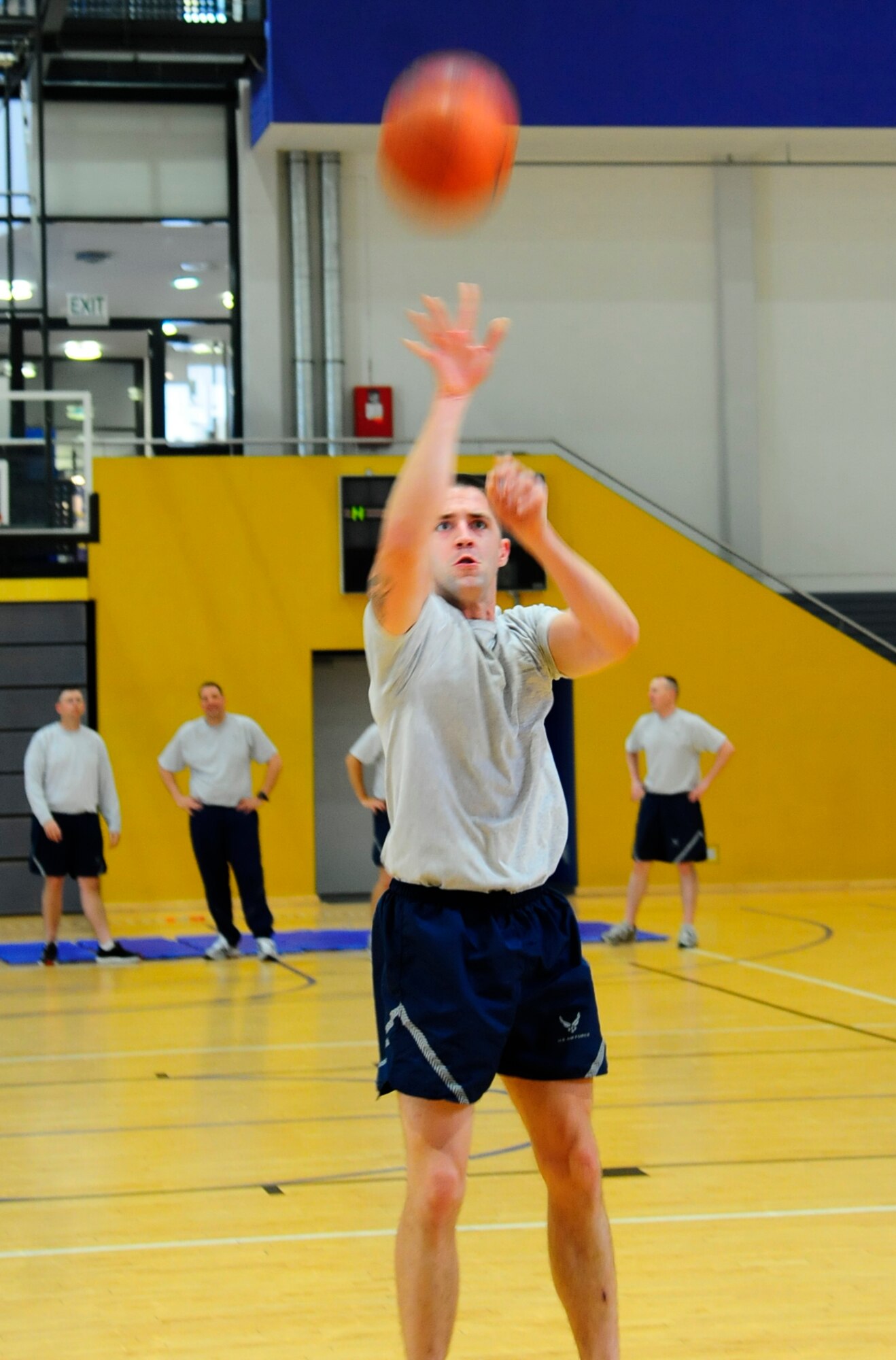 Staff Sgt. Clif Robertson, RTA Course student, shoots a free-throw during the obstacle course physical training session here, June 8. The RTA course taught students the core competencies that contribute to resilience: self-awareness, self-regulation, optimism, mental agility, strengths of character and connection.  (U.S. Air Force photo/Airman 1st Class Hailey Haux)