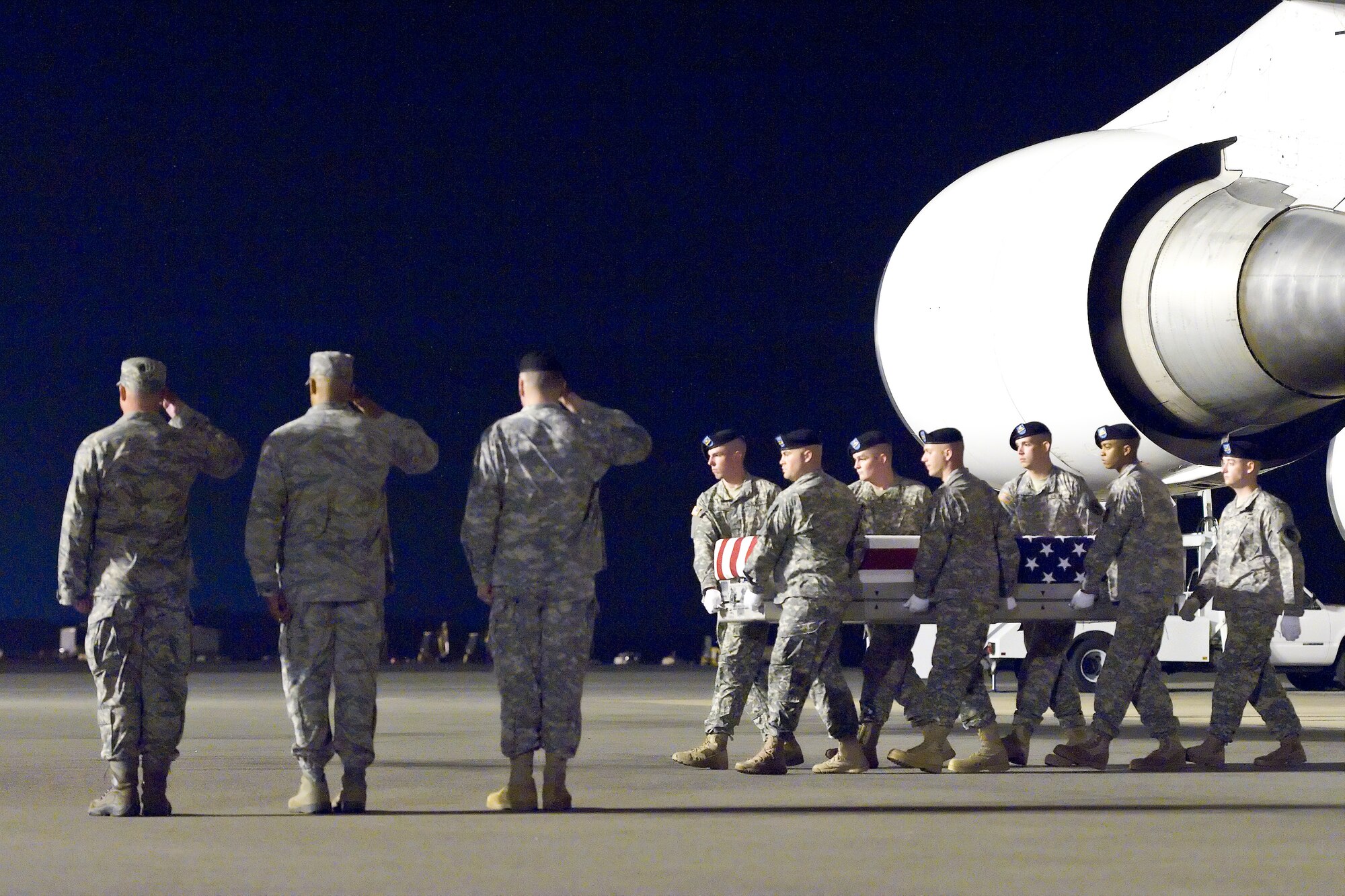 A U.S. Army carry team transfers the remains of Army Pfc. Nathan T. Davis, of Yucaipa, Calif., at Dover Air Force Base, Del., June 11, 2012. Davis was assigned to the 1st Battalion, 501st Infantry Regiment, 4th Brigade Combat Team (Airborne), 25th Infantry Division, Joint Base Elmendorf-Richardson, Alaska. (U.S. Air Force photo/Roland Balik)