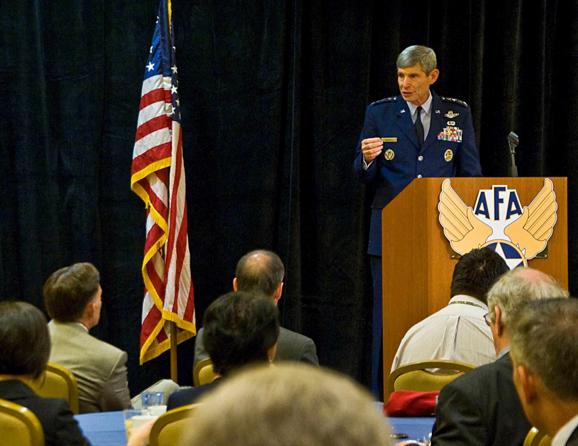 Air Force Chief of Staff Gen. Norton A. Schwartz speaks to guests about rebalancing the total force during an Air Force Association monthly breakfast in Arlington, Va., June 11, 2012. The Air Force Association's breakfast program is a monthly series that provides a venue for senior Air Force and Department of Defense leaders to communicate directly with the public and the press. (U.S. Air Force photo/Staff Sgt. Tiffany Trojca) 