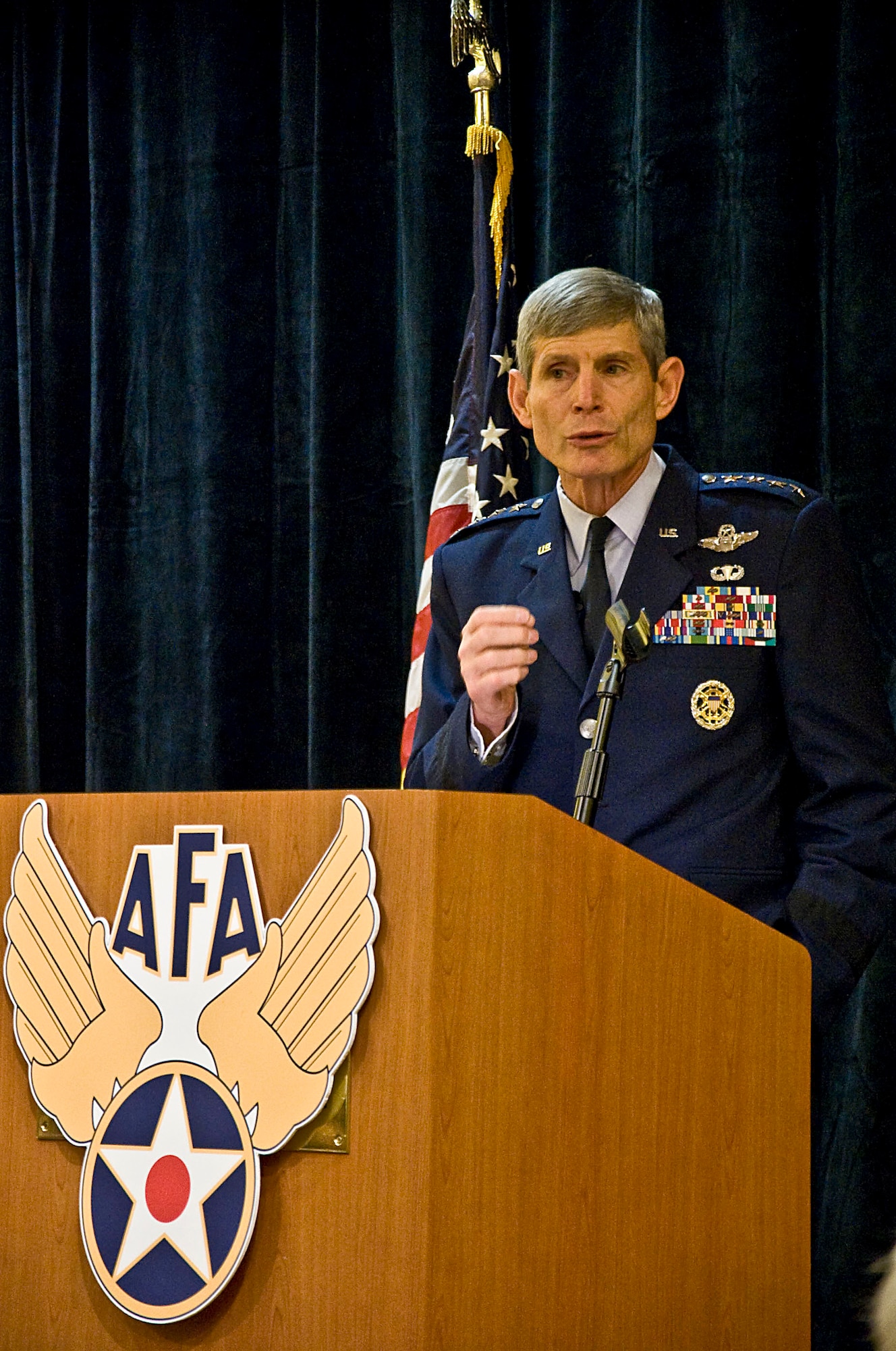 Air Force Chief of Staff Gen. Norton A. Schwartz speaks about rebalancing the total force during an Air Force Association monthly breakfast in Arlington, Va., June 11, 2012. The Air Force Association's breakfast program is a monthly series that provides a venue for senior Air Force and Department of Defense leaders to communicate directly with the public and the press. (U.S. Air Force photo/Staff Sgt. Tiffany Trojca) 